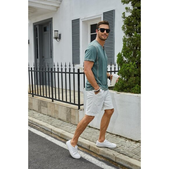 Mens Black Short Sleeve Henley Shirt Casual Button Tee Cotton Summer Top - Picture 3 of 7